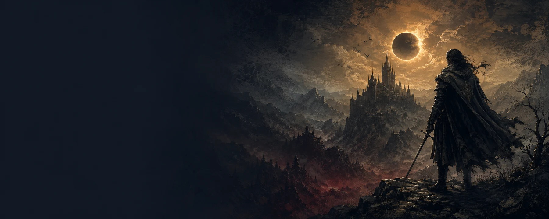 A cloaked wanderer overlooking a gothic valley beneath an eclipse