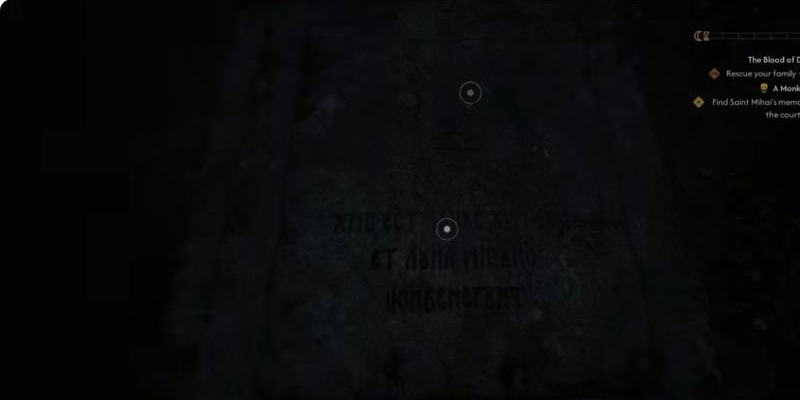 Inspect the memorial and its symbol, then follow the available interaction to enter the crypt beneath it. Complete the cathedral investigation first if the entrance is not yet available.