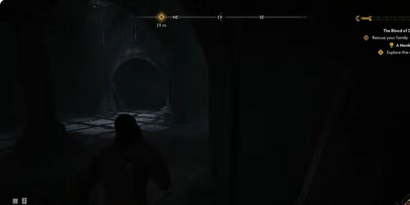 Inside the crypt, follow the passage and objective marker through the arched doorway. Prepare for the encounter before continuing deeper.