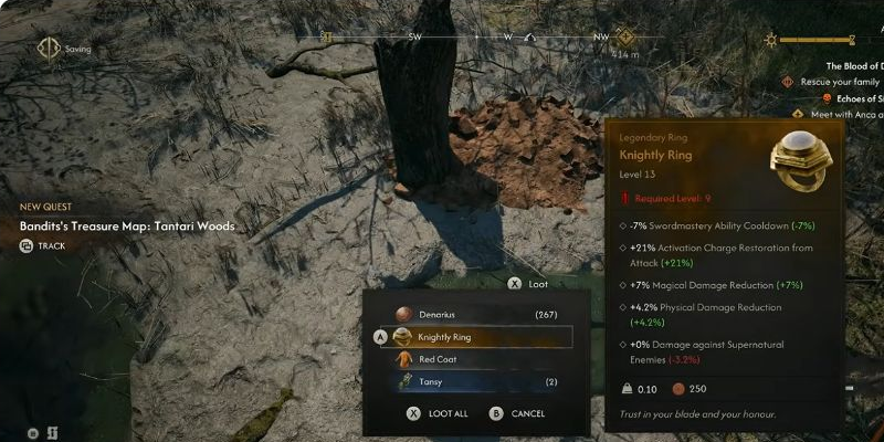 Open the dug-up stash and check its contents. This recording shows Knightly Ring in the loot list; contents across different saves have not been confirmed.