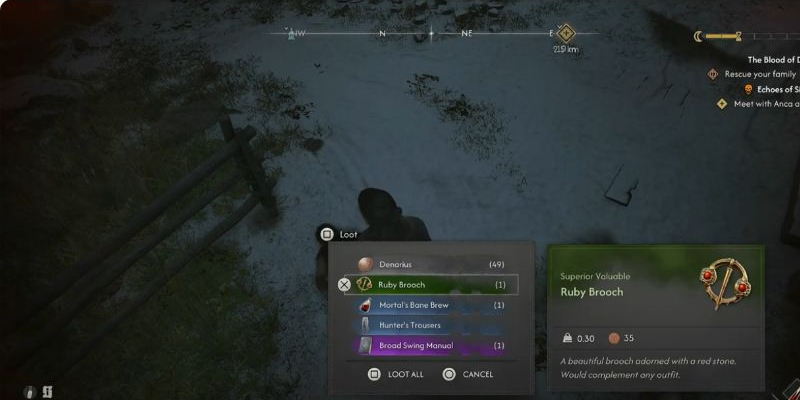 Search the fallen enemy beside the house. Broad Swing Manual appears in the corpse’s loot list, outlined here; take it from this menu.