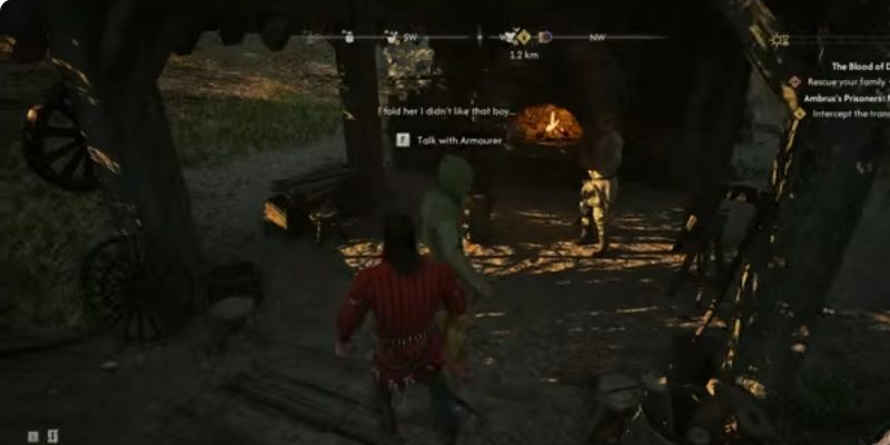 Enter the open workshop and approach the hooded Armourer by the forge. Look for “Talk with Armourer” above him.