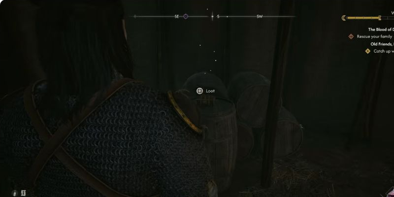 The small chest sits on a barrel inside the tent. Approach it until the Loot prompt appears.