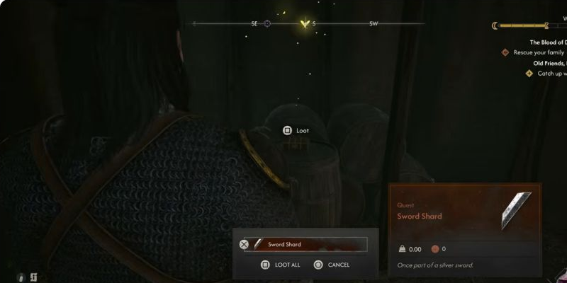 Take Sword Shard from the container’s loot list. This is the tent fragment; the reconstruction guide covers the other two.
