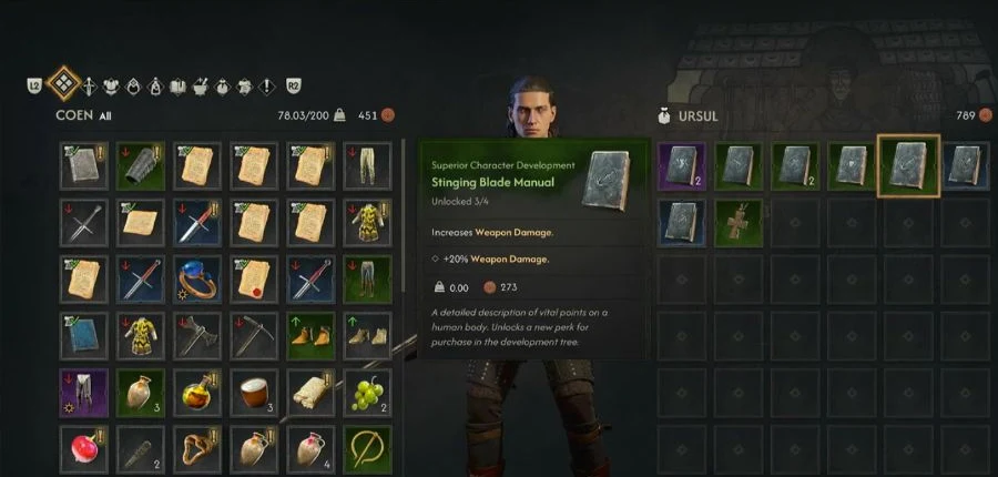 After the trial, check the manuals in Ursul’s inventory on the right. This recording shows Stinging Blade Manual selected.